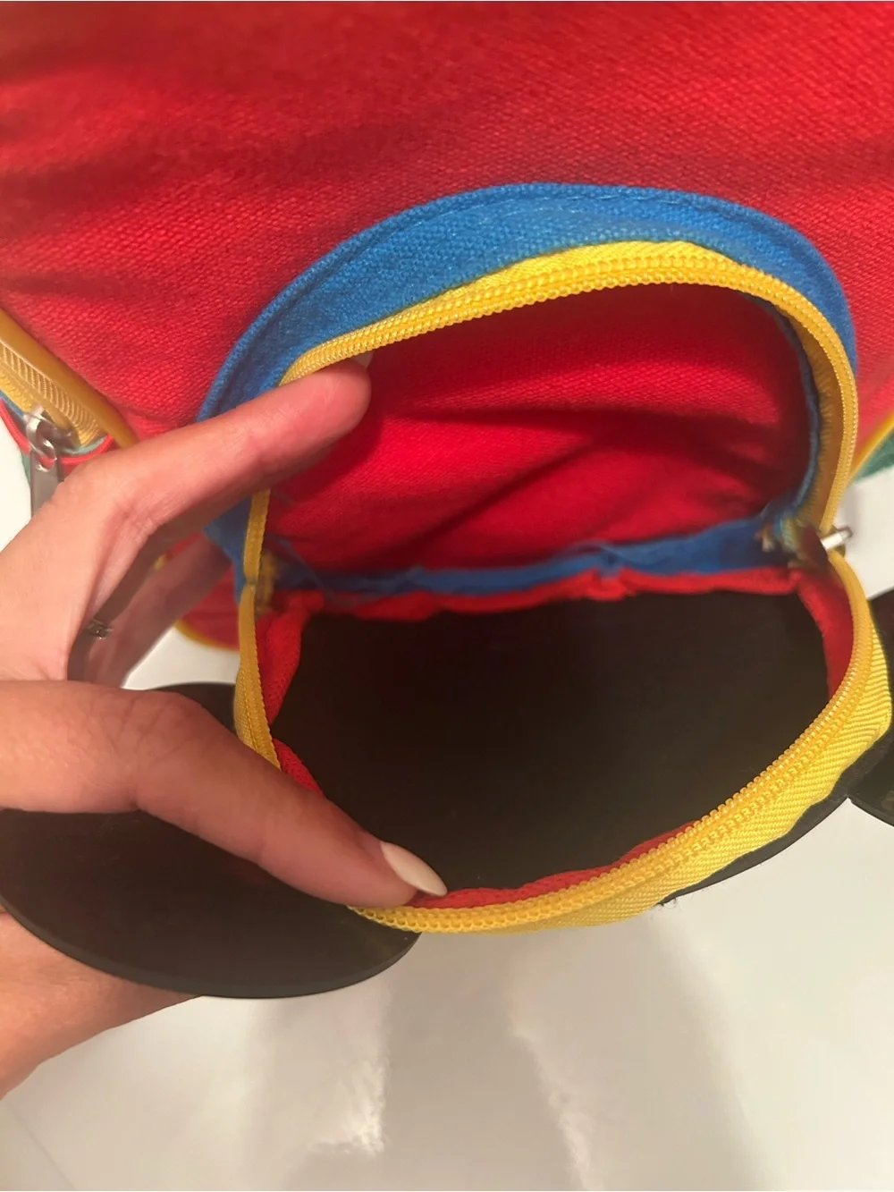 Disney Red Mickey Mouse Kids Backpack with Teal Pockets and Yellow Trim